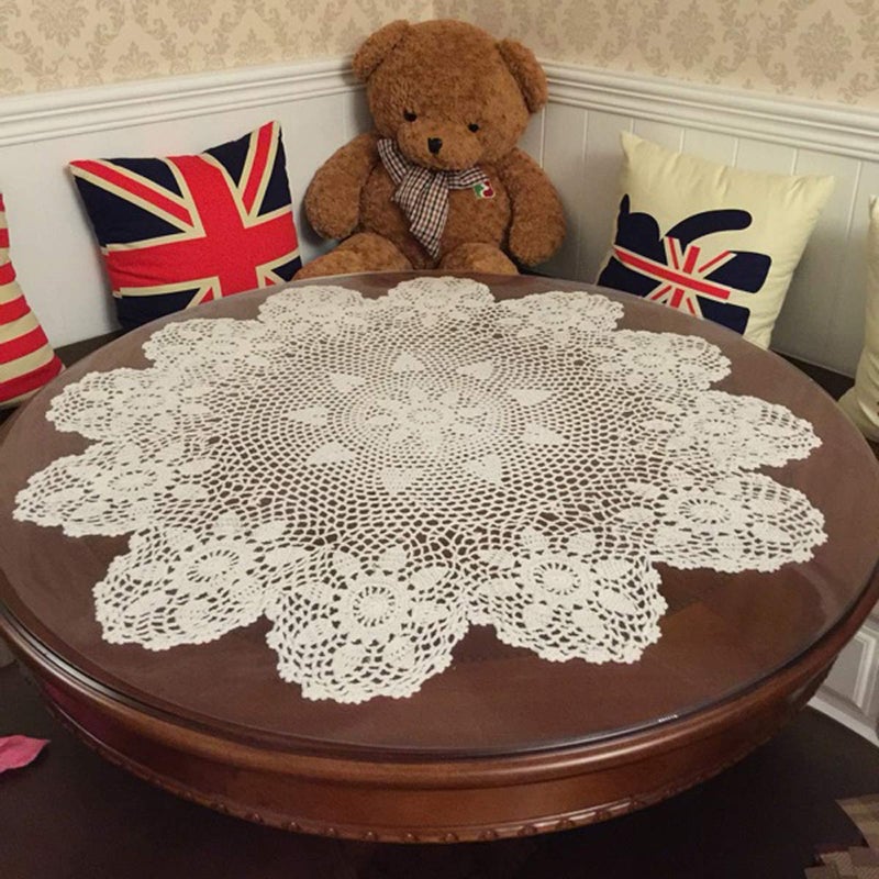 Damanni Beige Cotton Handmade Crochet Lace Tablecloth Doilies,Round,31 Inch - Image 1